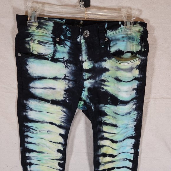 Rogue Jeans Tie Dye Mens 28 Black Skinny Stretchy Denim Pants Boho Retro - Picture 9 of 14